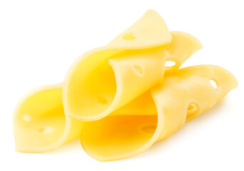 Pieces of cheese stacked in a heap on a white background