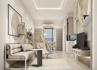 Living area in townhouse interior modern natural style 3d rendering