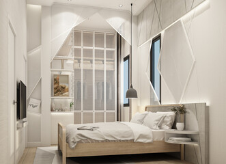 Bedroom interior modern natural style 3d rendering