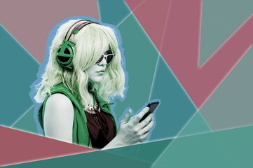 Art collage with alternative girl in glasses and with headphone listens cool music in her smartphone. Funky young woman on multicolor pastel background. Concept image in contemporary pop art style.