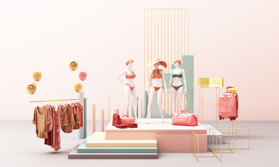 Clothes mannequinson a hanger surrounding by bag and market prop with geometric shape pastel color 3d rendering