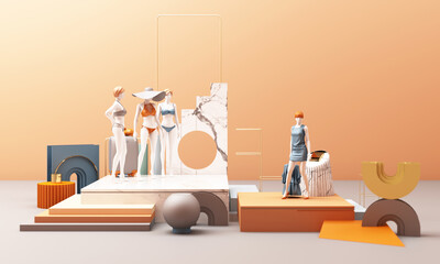 Clothes mannequinson with geometric shape pastel color 3d rendering
