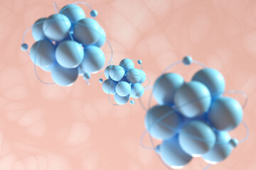 Atom spheres with pink organic background, 3d rendering.