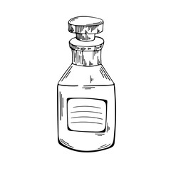 Vector element on a white background. Illustration of a bottle with a potion. Black and white sketch for print, textiles, websites, print. Icons.