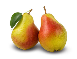 Two red yellow pears with leaf, isolated on a white background. Clipping path included.