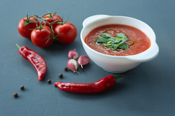 Vegetable soup gazpacho in a porcelain plate on a slate horizontal