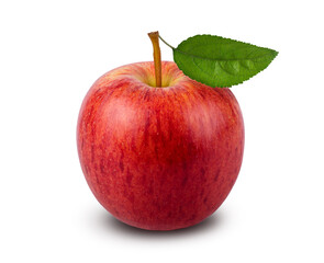 Red yellow apple with green leaf  isolated on white background. Clipping path included.