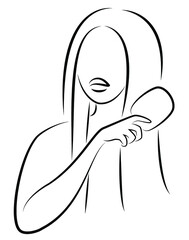 Silhouette of a lady. The girl combs her long hair with a comb. Vector illustration.