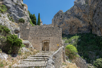 Fototapeta na wymiar Stairway to Notre Dame de Beauvoir chapel. Moustiers Sainte-Marie, Provence, France