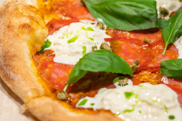 pizza with pepperoni, young cheese and fresh Basil