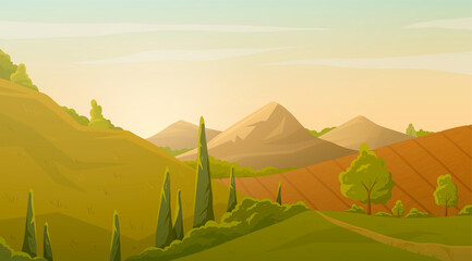 Restful lush green spring landscape with mountain peaks, trees and a colorful sky, colored vector illustration