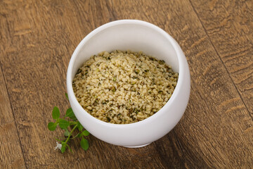 Peeled hemp seeds in the bowl