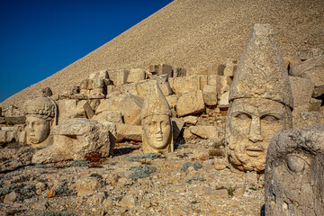 Antique statues on Nemrut mountain, Turkey. The UNESCO World Heritage Site at Mount Nemrut where...