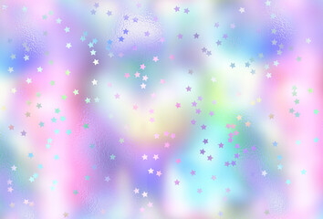 Glitter stars confetti on holographic light blurred texture backgrounds in bright pastel colors.