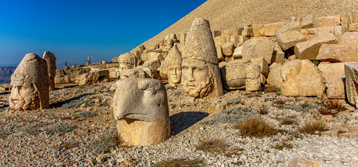 Antique statues on Nemrut mountain, Turkey. The UNESCO World Heritage Site at Mount Nemrut where...