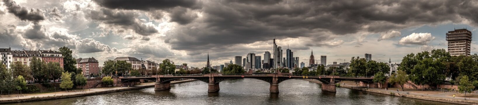 high resolution panorama photo of the Frankfurt,am Main Germany skyline on a stormy day with dark storm clouds