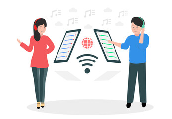 Vector illustration of a girl and a guy listening to music on the Internet.