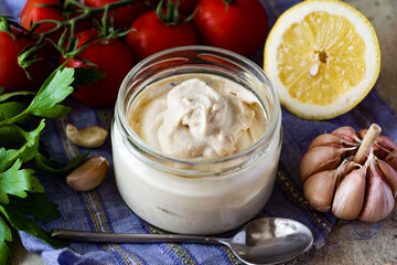 Close-up of cashew mayonnaise in a glass jar