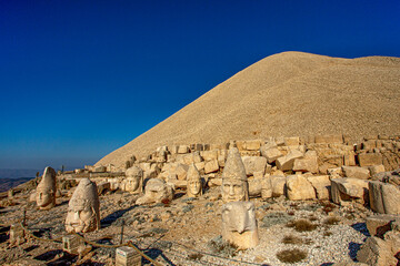 Antique statues on Nemrut mountain, Turkey. The UNESCO World Heritage Site at Mount Nemrut where...