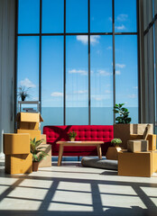 Vertical image of Packed and unpacked carton boxes, red couch and table in the living room with beautiful sky view