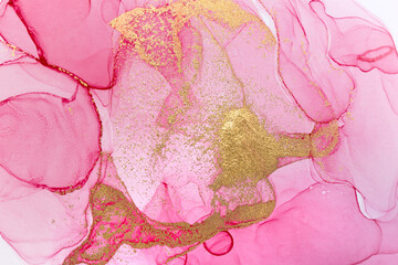 Obraz na płótnie Canvas Alcohol ink pink abstract background. Floral style watercolor texture. Pink and gold paint stains illustration.