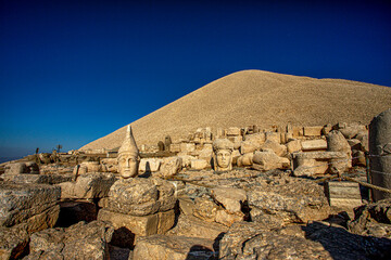Antique statues on Nemrut mountain, Turkey. The UNESCO World Heritage Site at Mount Nemrut where...