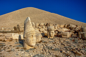 Antique statues on Nemrut mountain, Turkey. The UNESCO World Heritage Site at Mount Nemrut where...