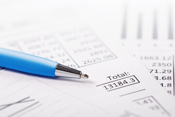 Accounting document with pen and checking financial chart. Concept of banking, financial report and financial audit.