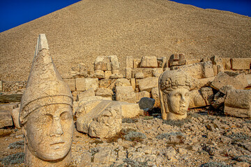Antique statues on Nemrut mountain, Turkey. The UNESCO World Heritage Site at Mount Nemrut where...
