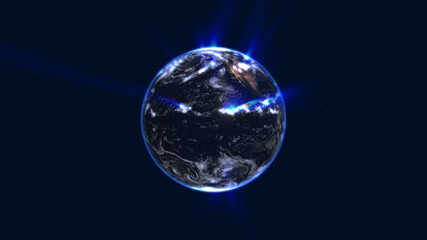 earth globe with glowing details and light rays. 3d illustration.