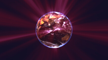 earth globe with glowing details and light rays. 3d illustration.