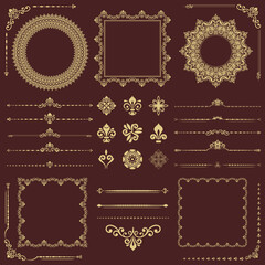 Vintage set of vector horizontal, square and round golden elements. Different elements for backgrounds, frames and monograms. Classic golden patterns. Set of vintage patterns