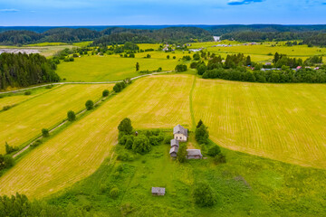 Top view of fields, forests and houses. Rural life. Natural landscape from a height. Life in nature. Feeling of spaciousness. Agricultural industry.