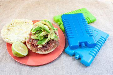 Ingredients for meat and avocado sandwich