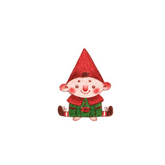happy dwarf or santa helper sitting on floor