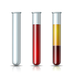 Set of glassware tube empty, filled blood and Fractioned blood in vitro, plasma and layers red blood cells.
