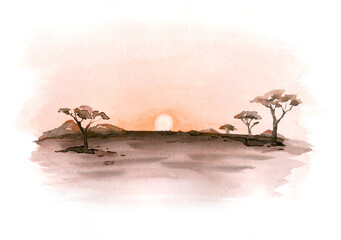 Watercolor landscape: african desert sunrise. Hand painted nature view with Acacia trees. Beautiful safari scene for wedding invitation pre-made card design © kris_art