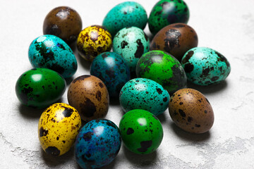 colored quail eggs on a white background