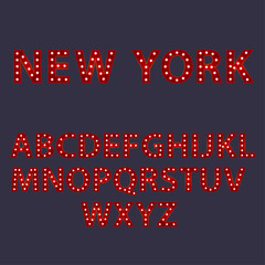 New York. Red letters with luminous glowing lightbulbs. Vector typography words design. Template type font for poster.