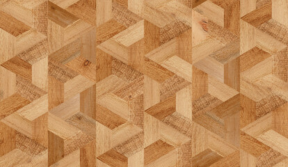 Rough parquet floor with a geometric pattern. Brown seamless wooden background. Wood texture. 