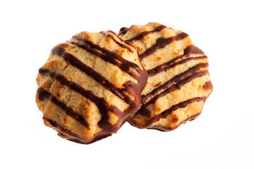Chocolate biscuits isolated on white background. Butter cookies with chocolate flavor 