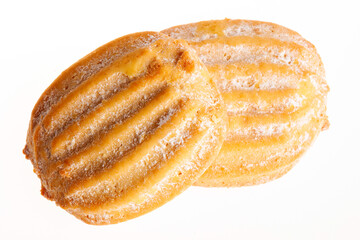 Biscuits isolated on white background. Butter cookies with icing sugar on top 