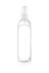 Spray bottle with transparent liquid isolated on white background, no label