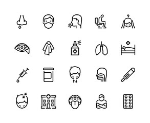 Flu line icons. Pneumonia and cold symptoms such as sneeze, cough, diarrhea and headache, outline healthcare and medical set. Vector editable strokes black image