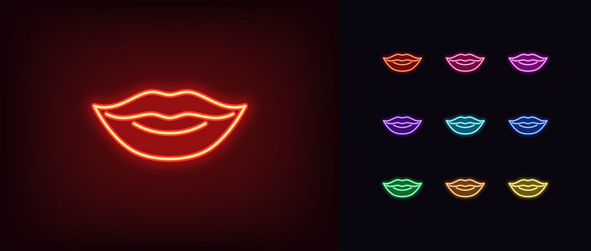 Red neon lips icon. Glowing neon woman lips sign, girl mouth