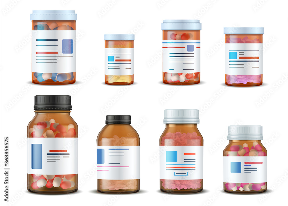 Wall mural pill bottles. realistic medical glass containers with plastic caps pills and labels, 3d drugs and me