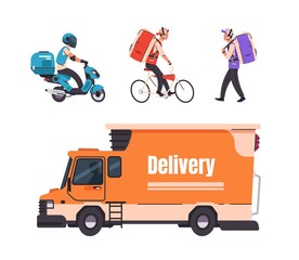 Delivery service. Cartoon walking courier, on bicycle, scooter and car, online food and goods delivery service to home and office. Vector set illustrations transportation services on white background