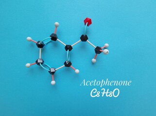 Molecular structure model and chemical formula of acetophenone molecule. Acetophenone is the...