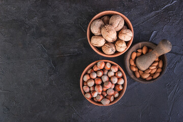 Nuts, walnuts, hazelnuts and mintal on a dark background with a place by text