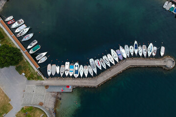 Aerial view of a dock with moored boats